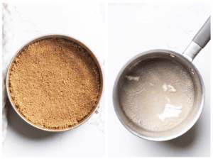 A springform pan shown with the crumbs pressed into a crust, and a pan with gelatin blooming in water.